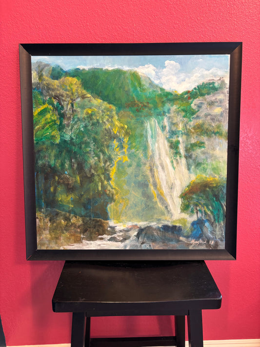 Flowing Waterfall in a Tropical Landscape” — Oil on Canvas by Hungkwai Chan